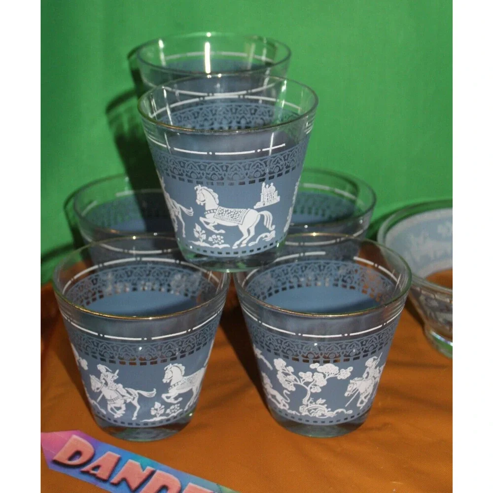 7 Pc Pattern Hazel Atlas Arabian Knights Wegewood Cups And Bowl Blue White